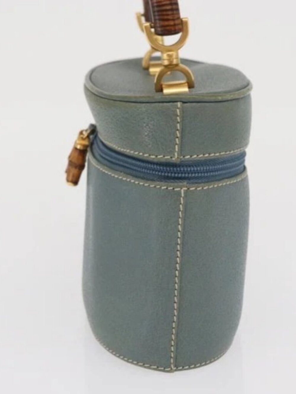 GUCCI Bamboo Vanity Cosmetic Pouch Leather Blue Gold 000 984 0232 Auth 169467 - Picture 4 of 16